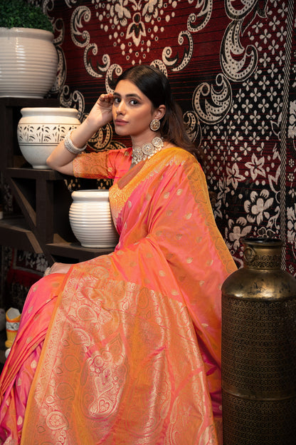 Dhiyona GR Women's Saachi Silk Peach Banarasi Silk Woven Saree