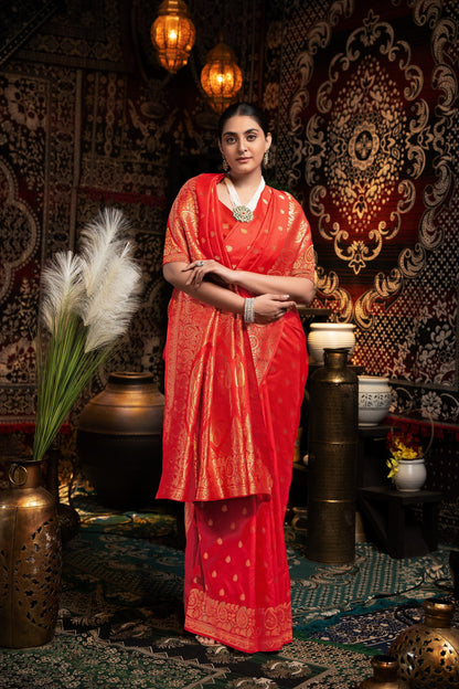 Dhiyona GR Women's Saachi Silk Red Banarasi Silk Woven Saree
