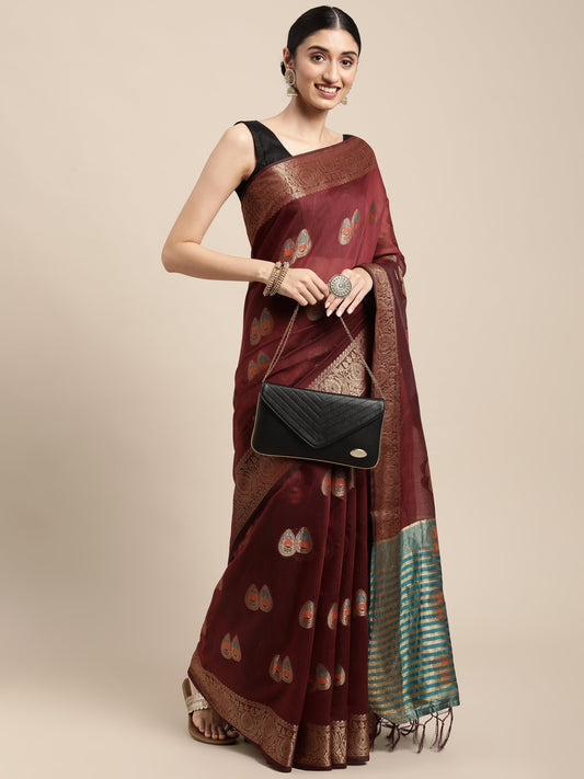 Dhiyona GR Women's Sagarika Vintage Maroon Cotton Blend Saree