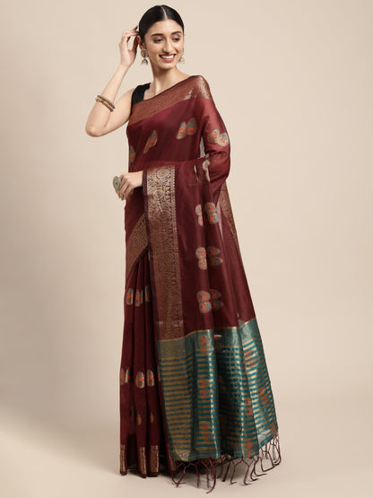 Dhiyona GR Women's Sagarika Vintage Maroon Cotton Blend Saree