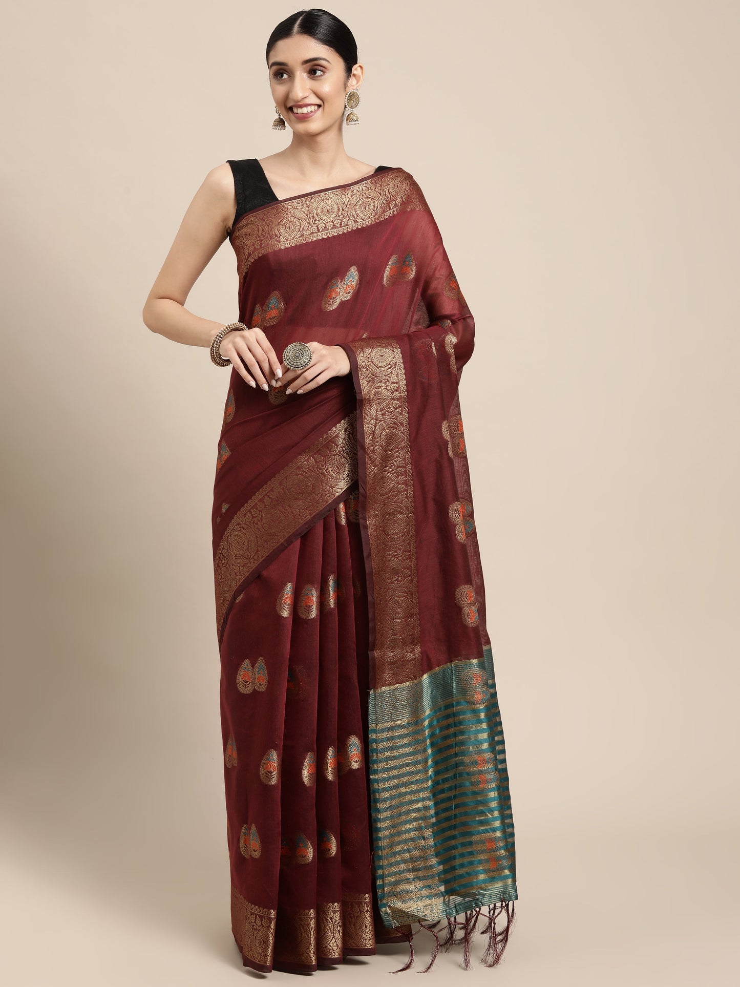 Dhiyona GR Women's Sagarika Vintage Maroon Cotton Blend Saree