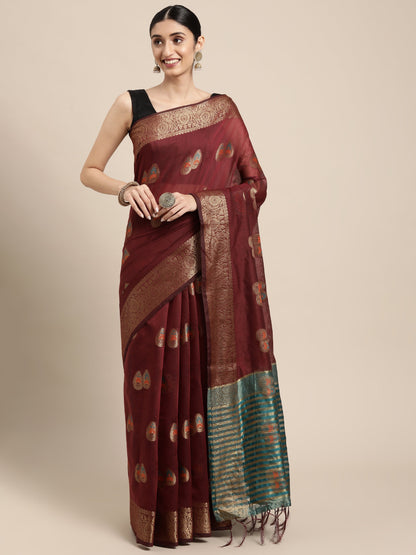 Dhiyona GR Women's Sagarika Vintage Maroon Cotton Blend Saree