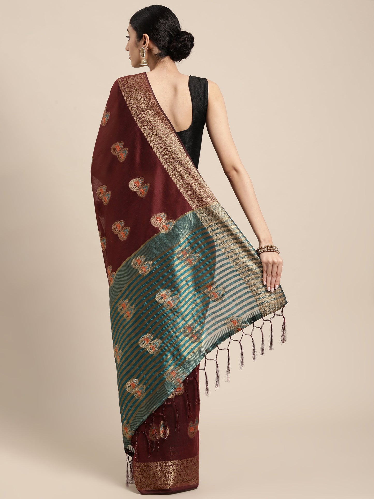 Dhiyona GR Women's Sagarika Vintage Maroon Cotton Blend Saree
