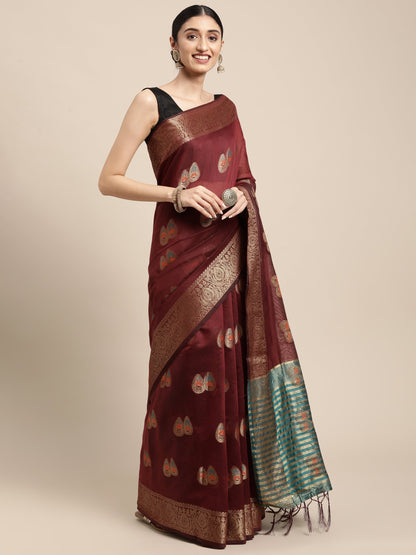 Dhiyona GR Women's Sagarika Vintage Maroon Cotton Blend Saree