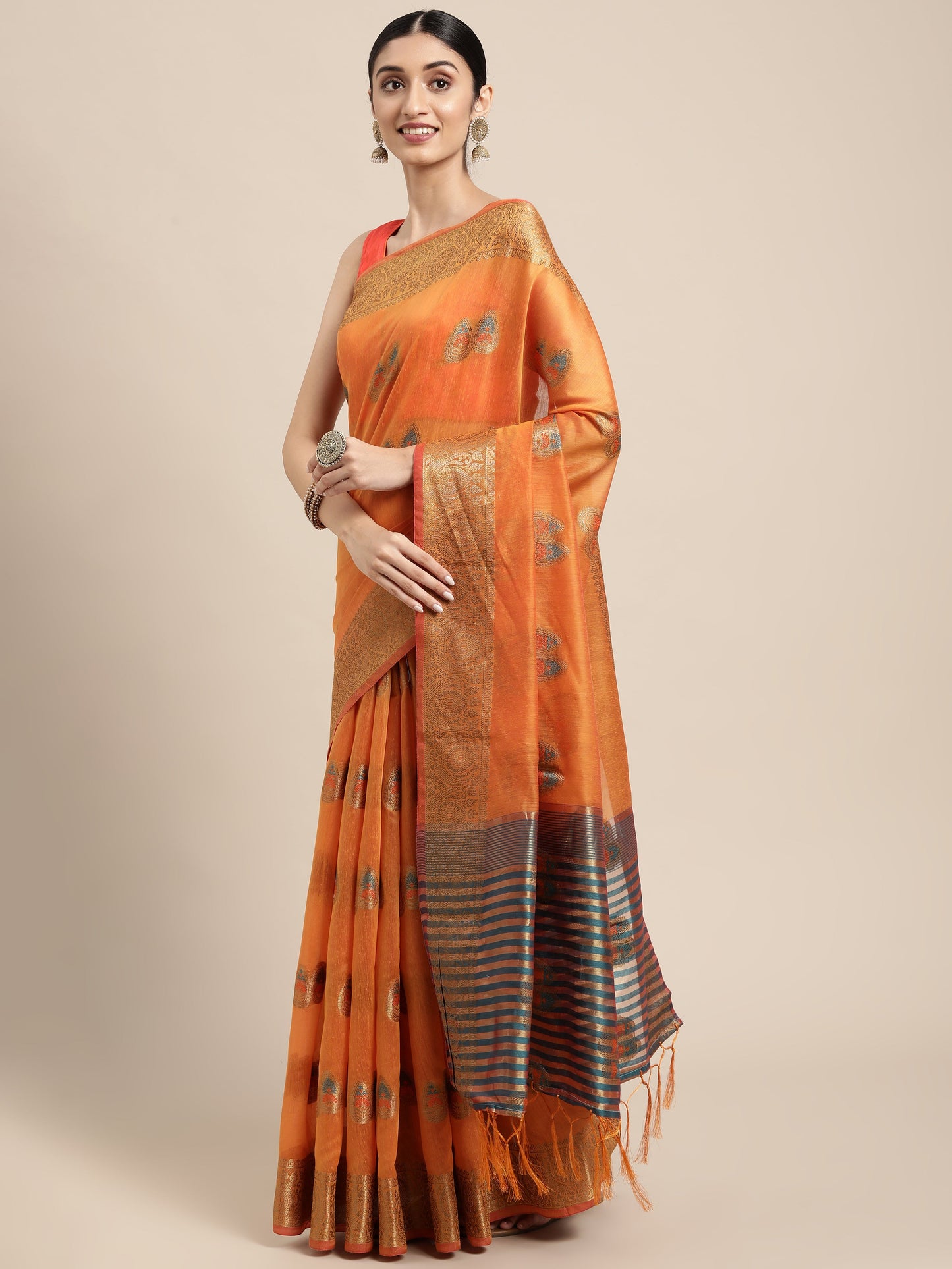 Dhiyona GR Women's Sagarika Cadmium Yellow Cotton Blend Saree