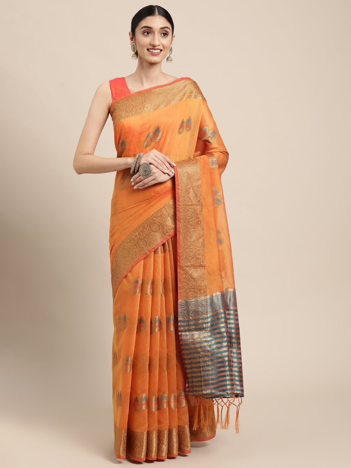 Dhiyona GR Women's Sagarika Cadmium Yellow Cotton Blend Saree