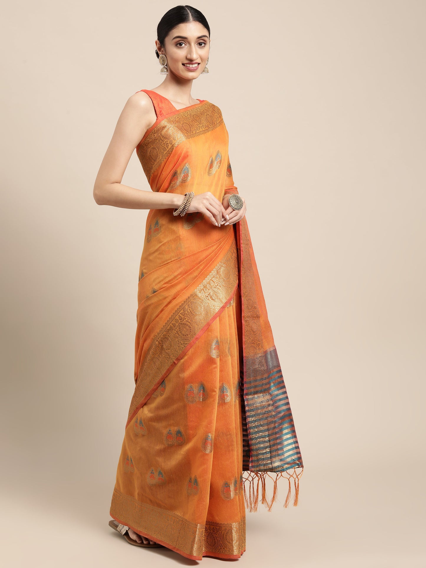 Dhiyona GR Women's Sagarika Cadmium Yellow Cotton Blend Saree