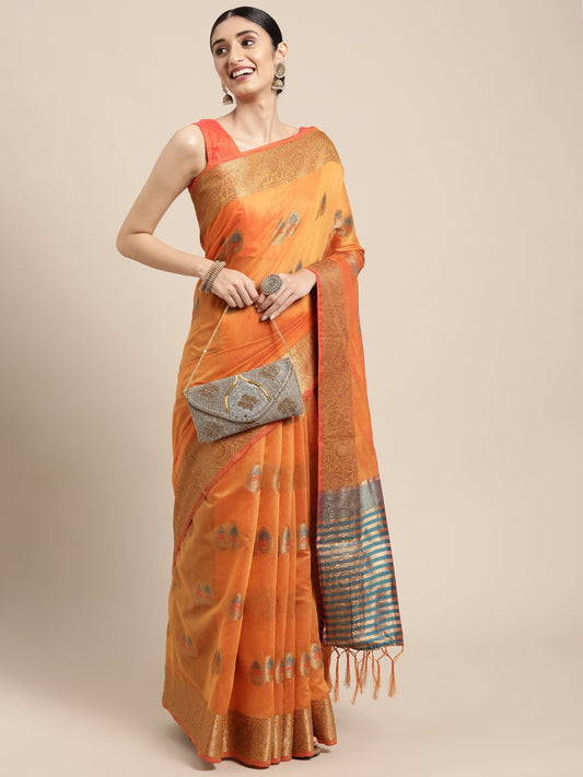 Dhiyona GR Women's Sagarika Cadmium Yellow Cotton Blend Saree
