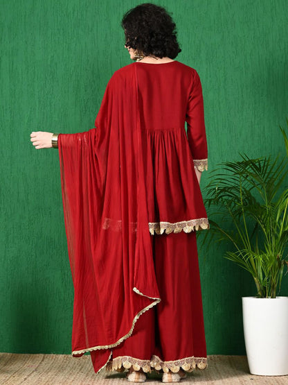 Dhiyona SN Women's Lace Detail V-Neck Pleated Anarkali Kurta With Trouser & Dupatta