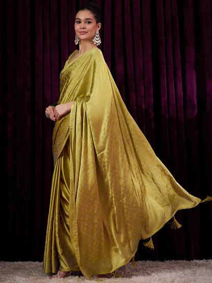 Women's Satin Silk Mustard Embellished Designer Saree With Blouse Piece