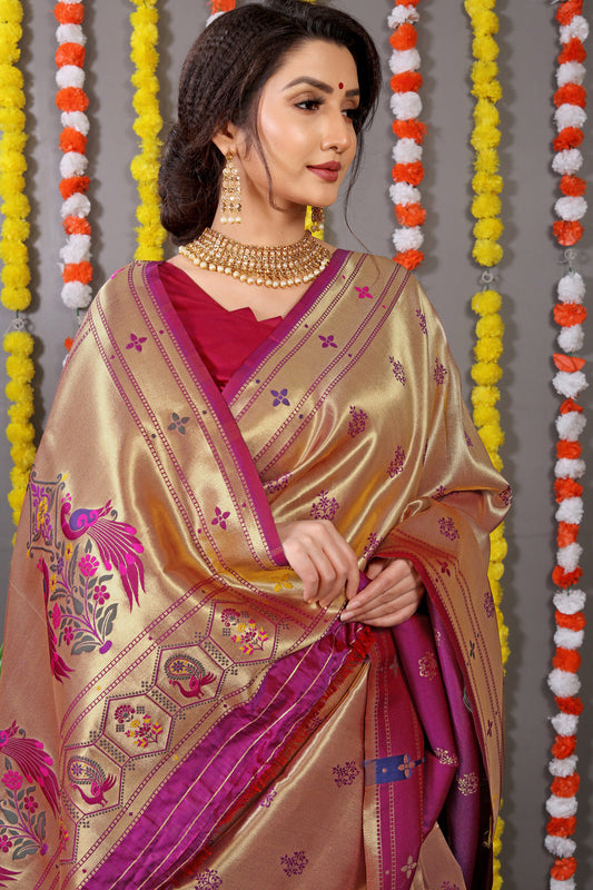 Dhiyona GR Women's Amrut Wine Zari Paithani Silk Saree