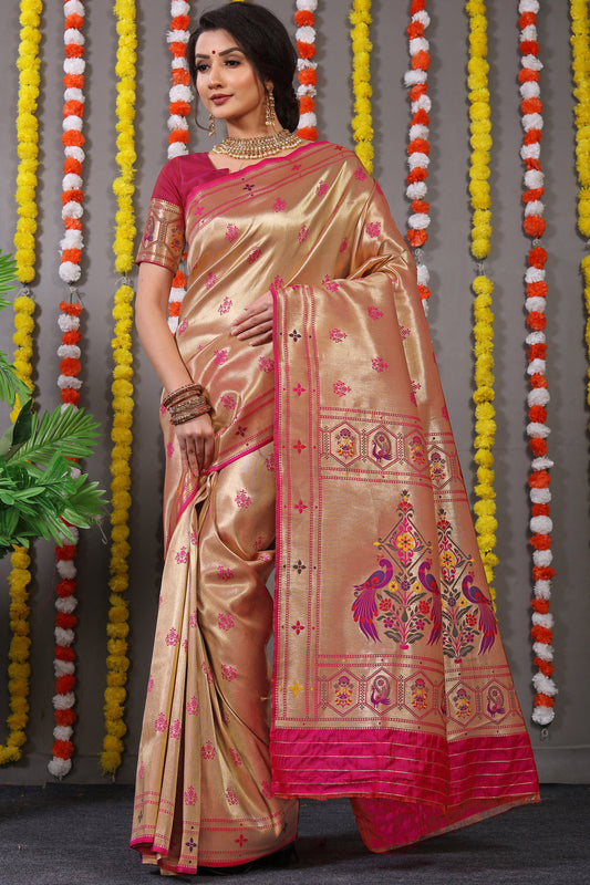 Dhiyona GR Women's Amrut Hot Pink Zari Paithani Silk Saree