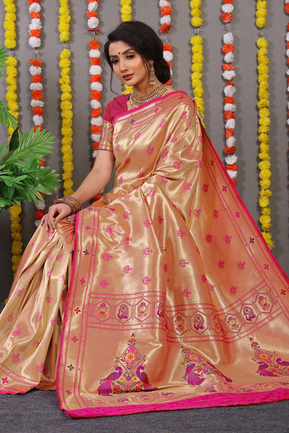 Dhiyona GR Women's Amrut Hot Pink Zari Paithani Silk Saree