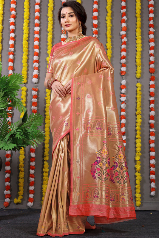 Dhiyona GR Women's Amrut Peachy Pink Zari Paithani Silk Saree