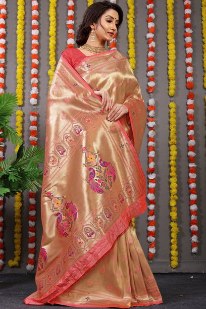 Dhiyona GR Women's Amrut Peachy Pink Zari Paithani Silk Saree