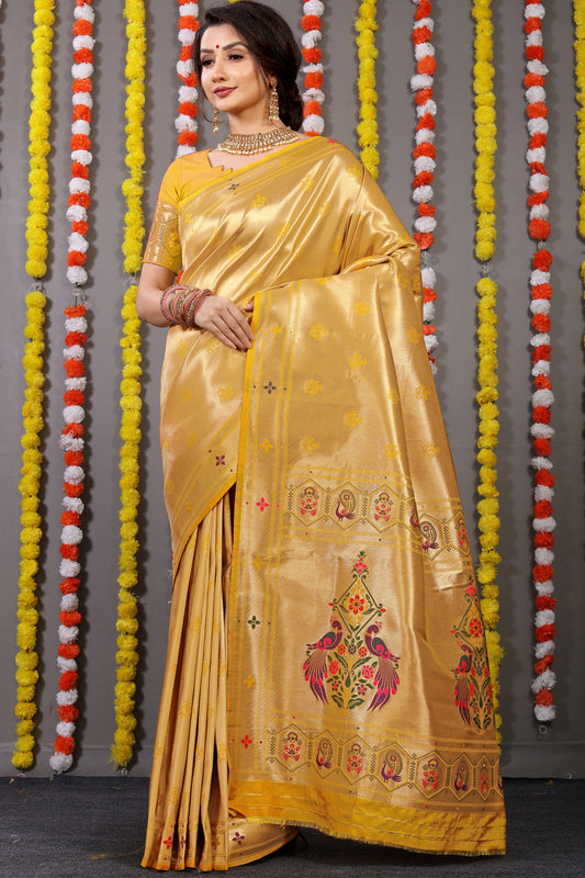 Dhiyona GR Women's Amrut Yellow Zari Paithani Silk Saree