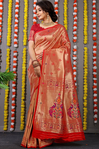 Dhiyona GR Women's Amrut Red Zari Paithani Silk Saree