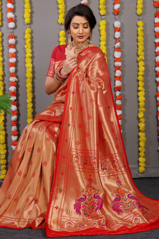 Dhiyona GR Women's Amrut Red Zari Paithani Silk Saree
