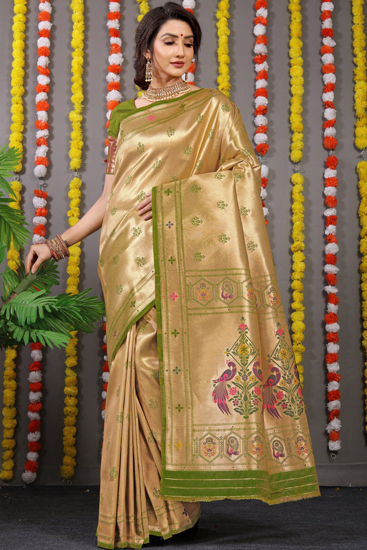 Dhiyona GR Women's Amrut Dark Green Zari Paithani Silk Saree