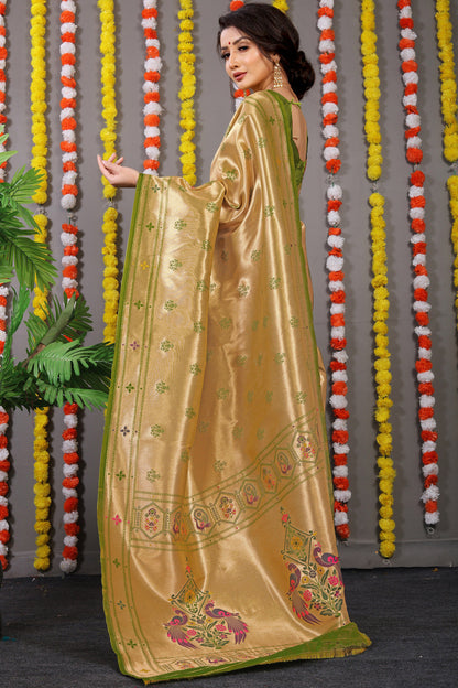 Dhiyona GR Women's Amrut Dark Green Zari Paithani Silk Saree