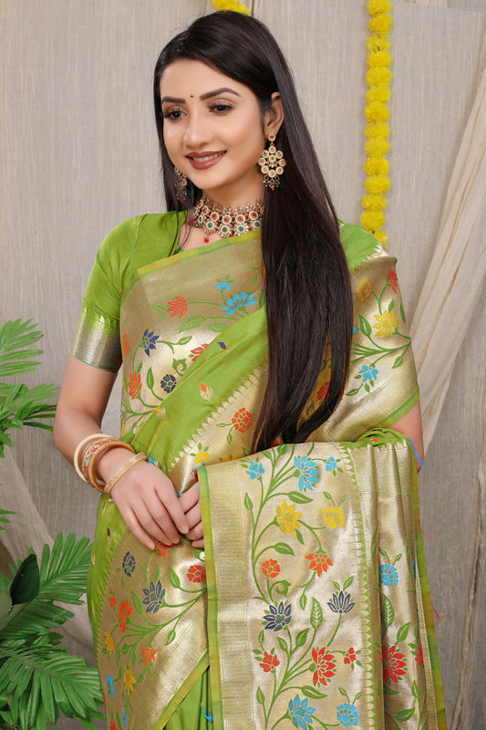Dhiyona GR Women's Rajkumari Green Zari Paithani Silk Saree