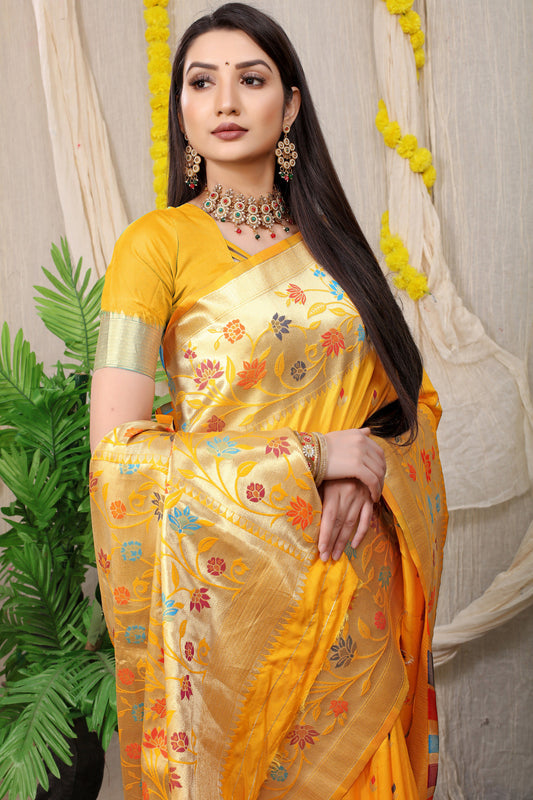 Dhiyona GR Women's Rajkumari Haldi Mustard Zari Paithani Silk Saree