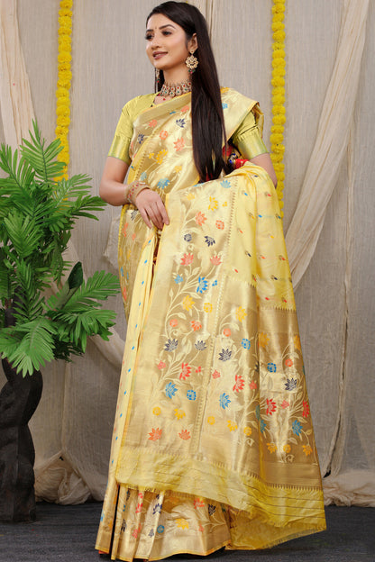Dhiyona GR Women's Rajkumari Beige Zari Paithani Silk Saree