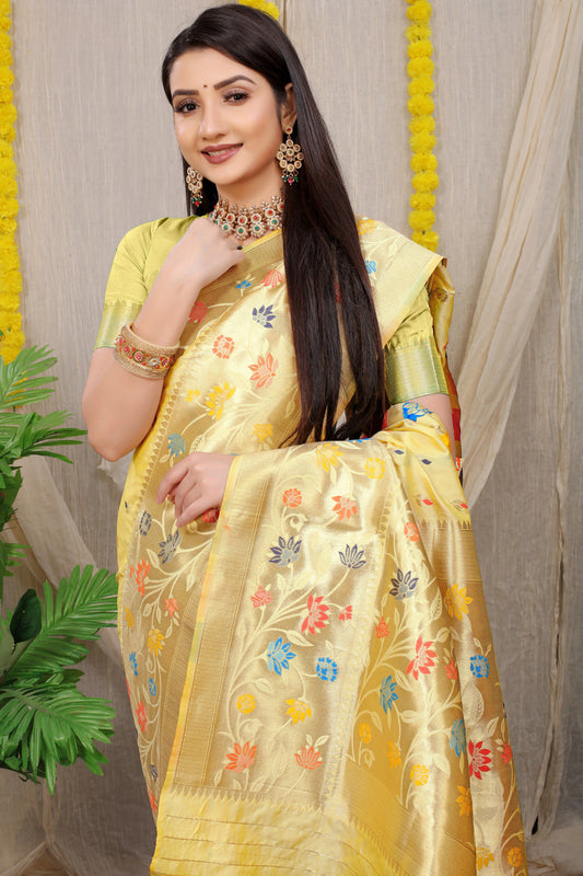Dhiyona GR Women's Rajkumari Beige Zari Paithani Silk Saree