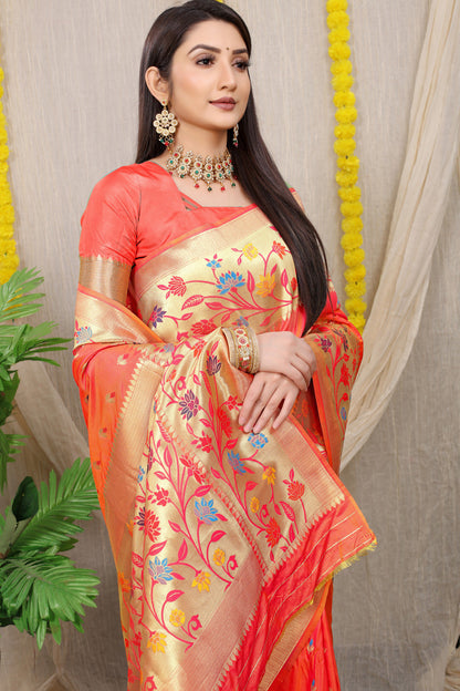 Dhiyona GR Women's Rajkumari Peachy Pink Zari Paithani Silk Saree