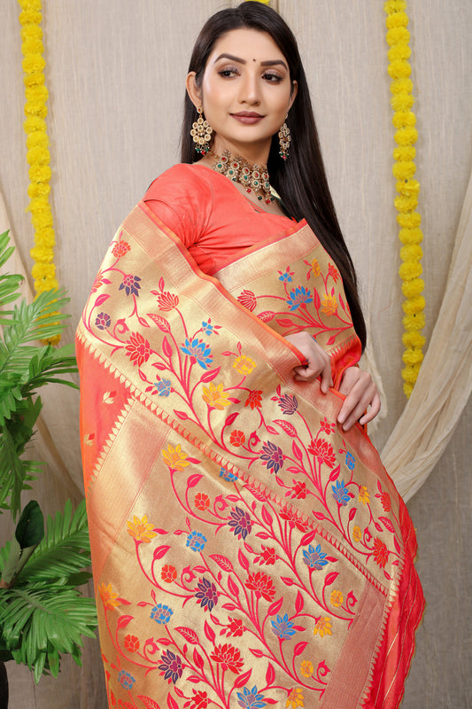 Dhiyona GR Women's Rajkumari Peachy Pink Zari Paithani Silk Saree