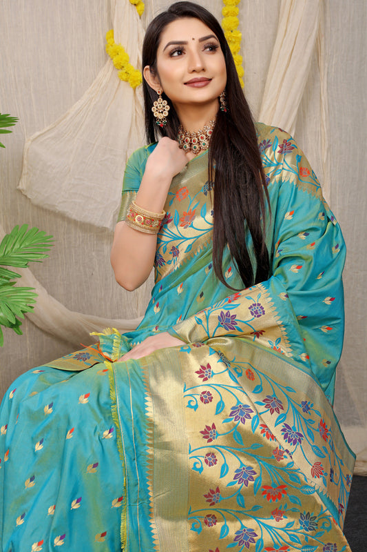 Dhiyona GR Women's Rajkumari Turquoise Zari Paithani Silk Saree