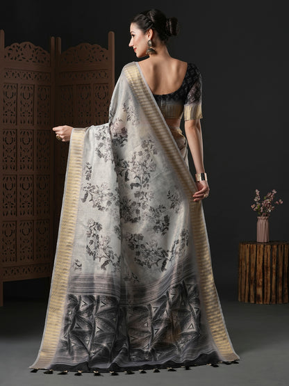 Women's Organza Grey Printed Designer Saree With Blouse Piece