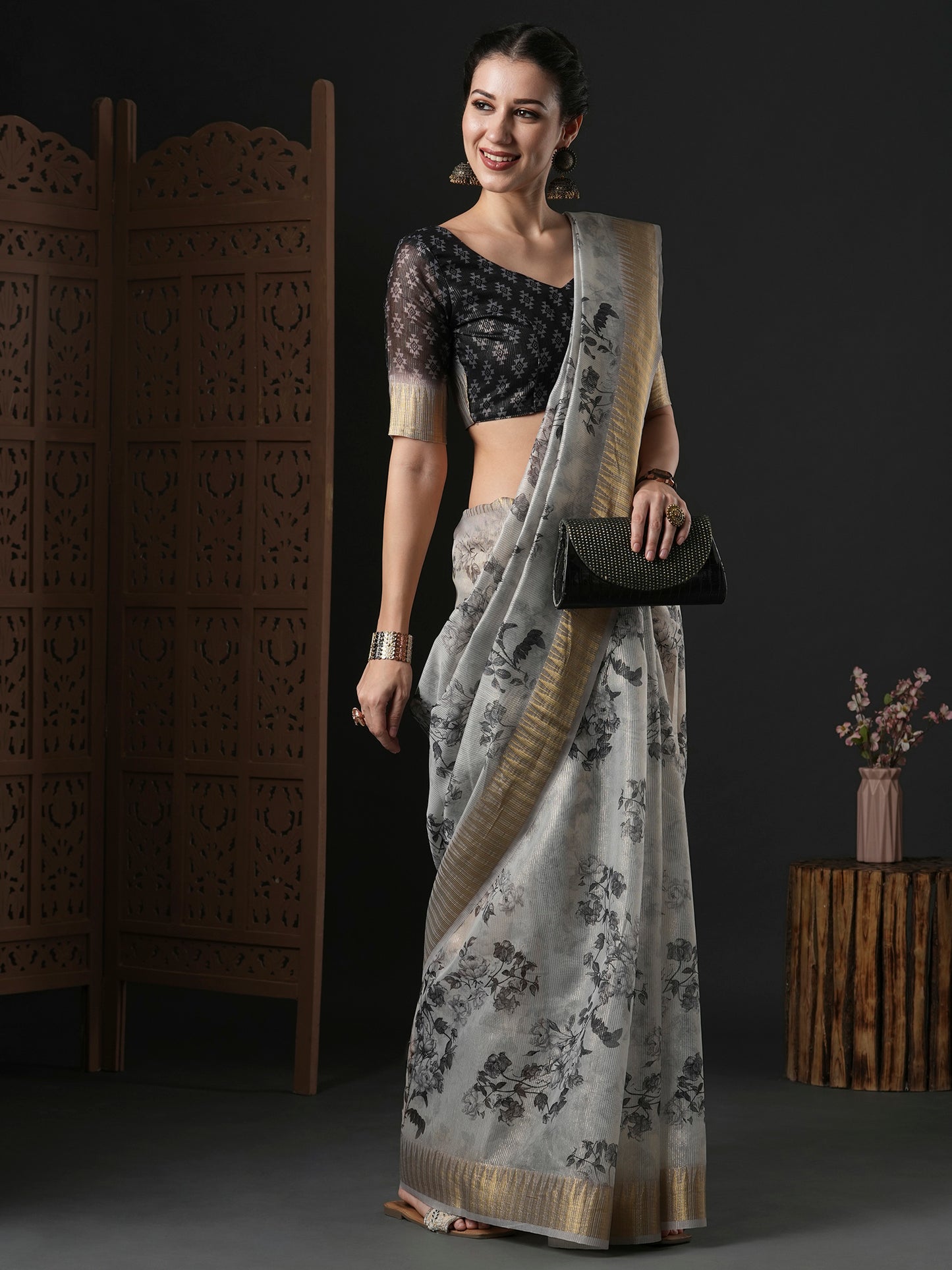 Women's Organza Grey Printed Designer Saree With Blouse Piece