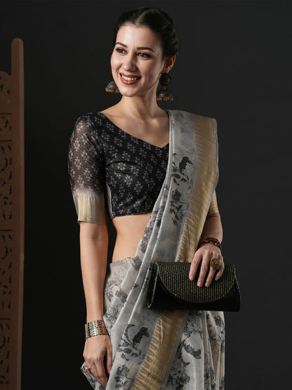 Women's Organza Grey Printed Designer Saree With Blouse Piece