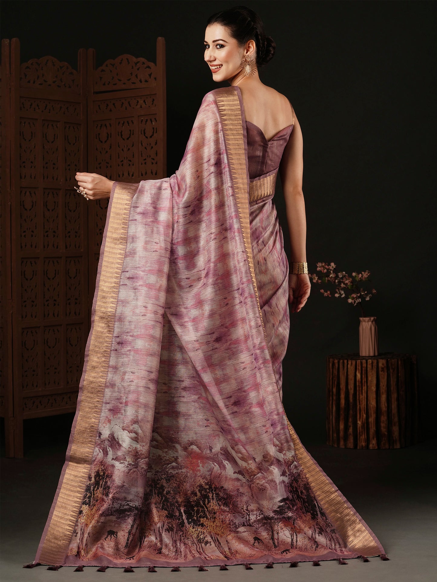 Women's Organza Mauve Printed Designer Saree With Blouse Piece