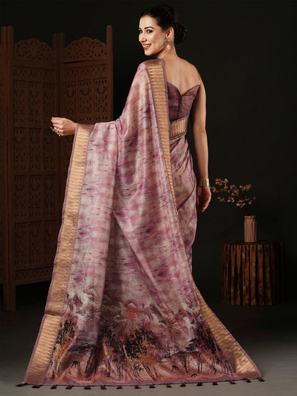 Women's Organza Mauve Printed Designer Saree With Blouse Piece
