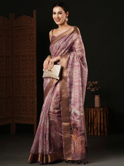Women's Organza Mauve Printed Designer Saree With Blouse Piece