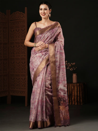 Women's Organza Mauve Printed Designer Saree With Blouse Piece