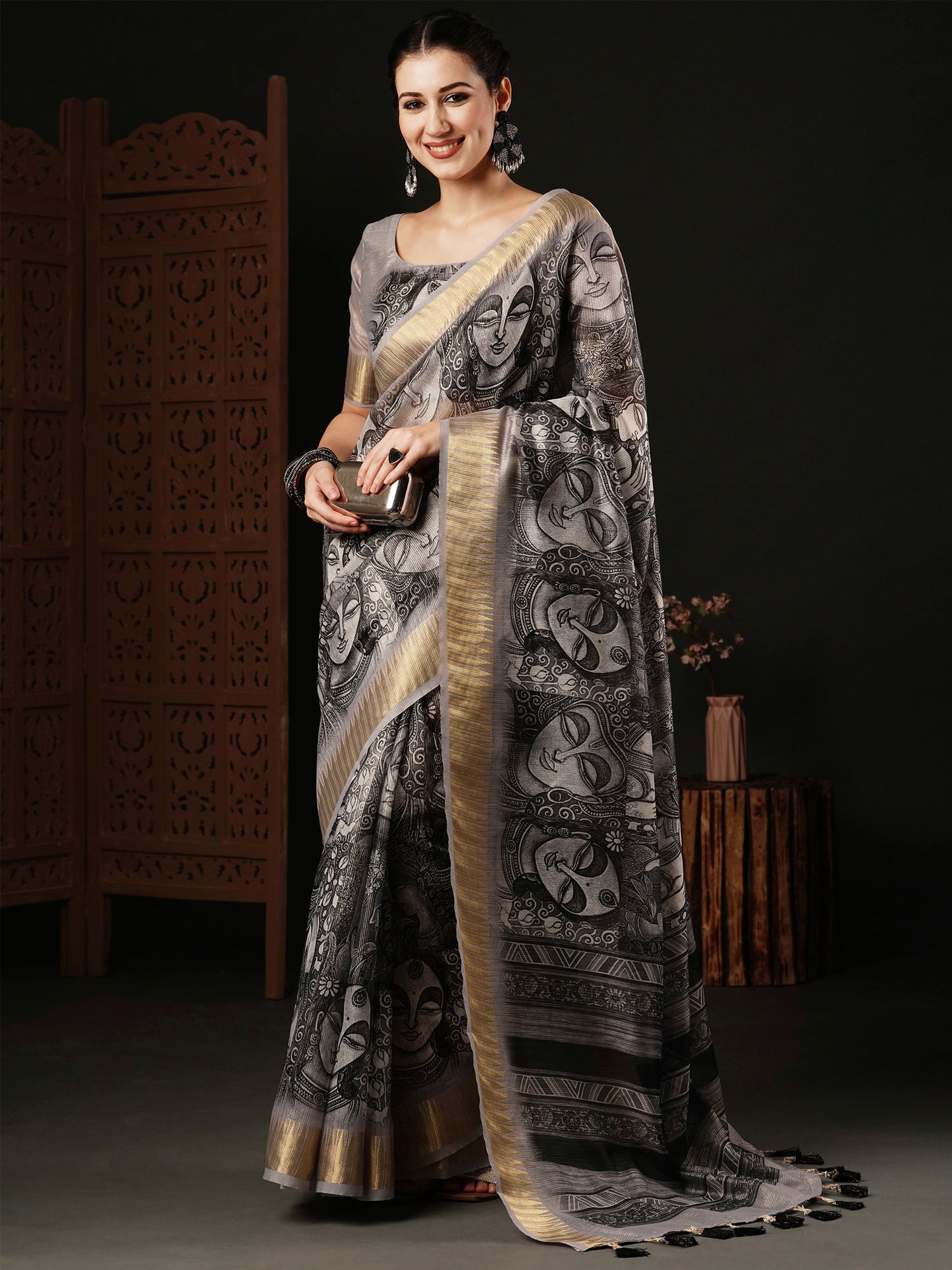 Women's Organza Grey Printed Designer Saree With Blouse Piece