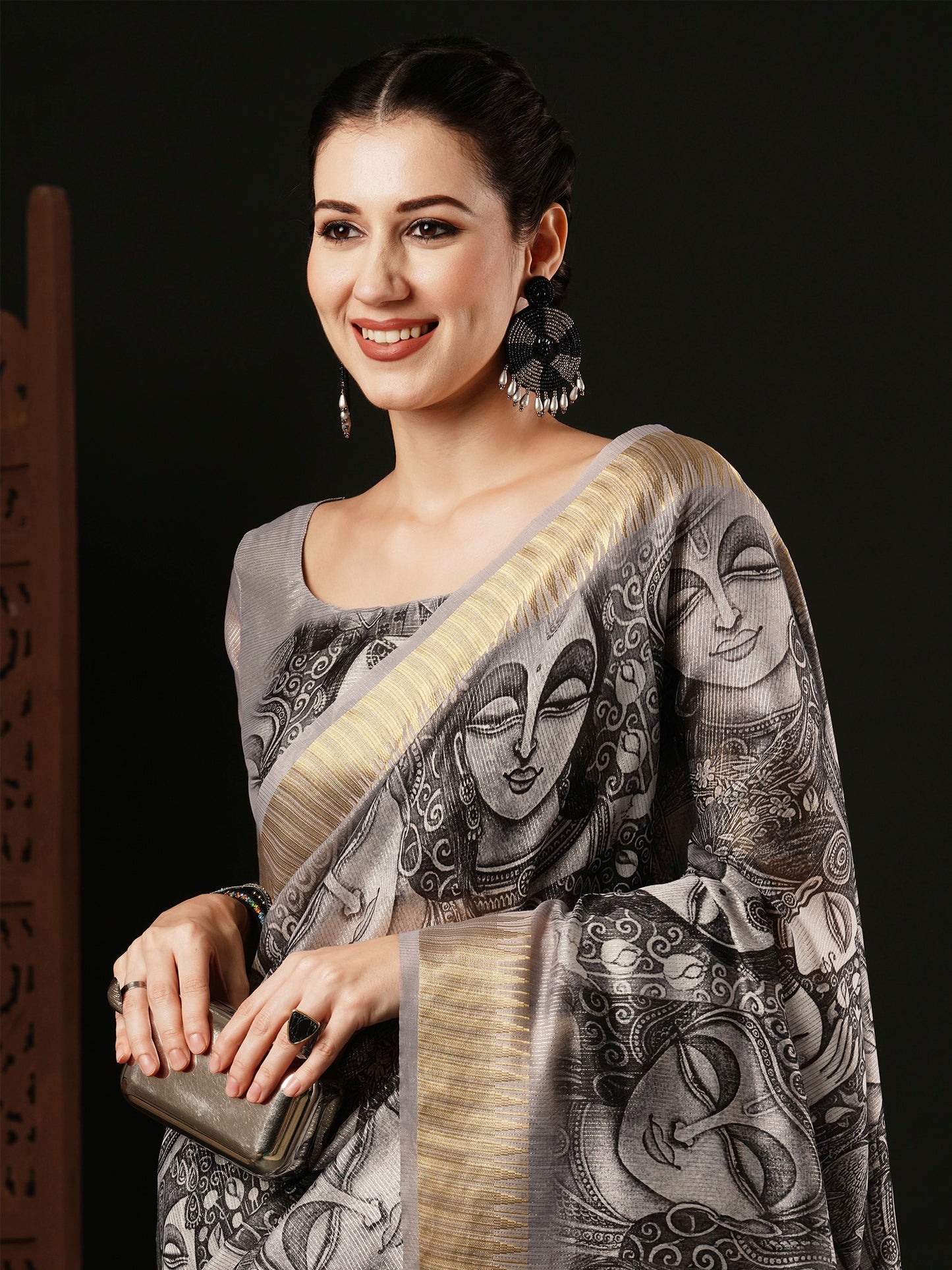 Women's Organza Grey Printed Designer Saree With Blouse Piece