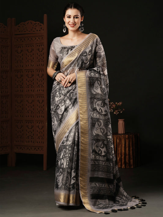 Women's Organza Grey Printed Designer Saree With Blouse Piece