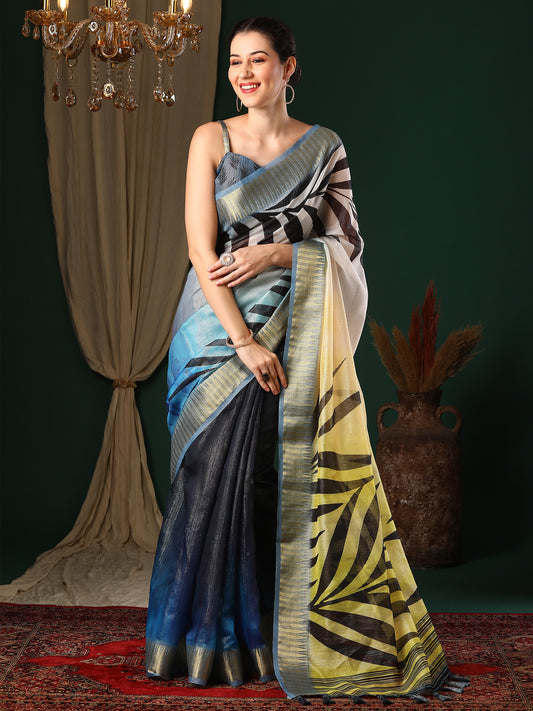 Women's Organza Navy Blue Printed Designer Saree With Blouse Piece