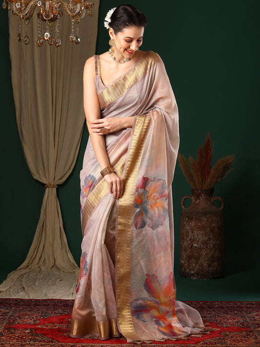 Women's Organza Cream Printed Designer Saree With Blouse Piece