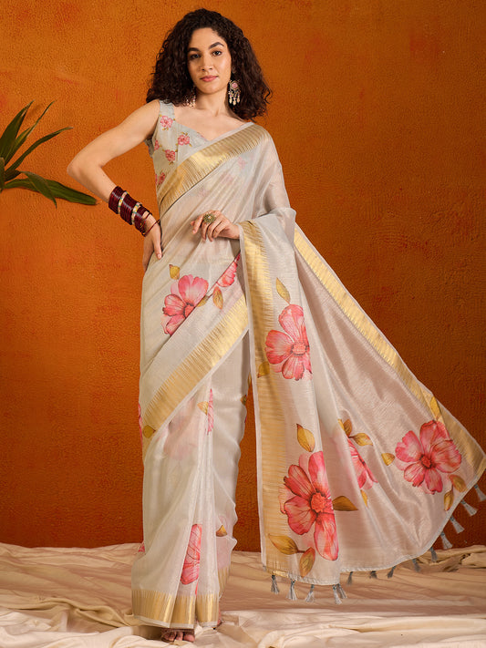 Women's Organza Light Blue Printed Designer Saree With Blouse Piece