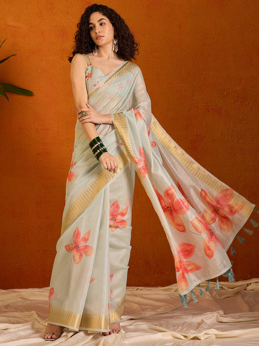 Women's Organza Light Blue Printed Designer Saree With Blouse Piece