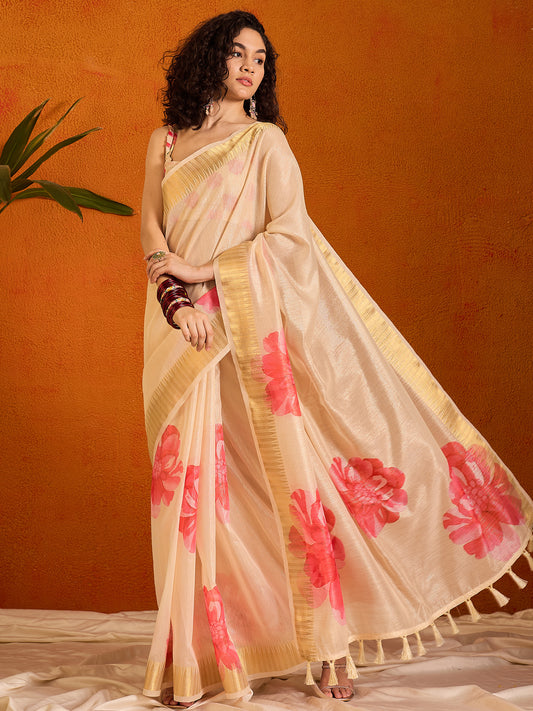 Women's Organza Beige Printed Designer Saree With Blouse Piece