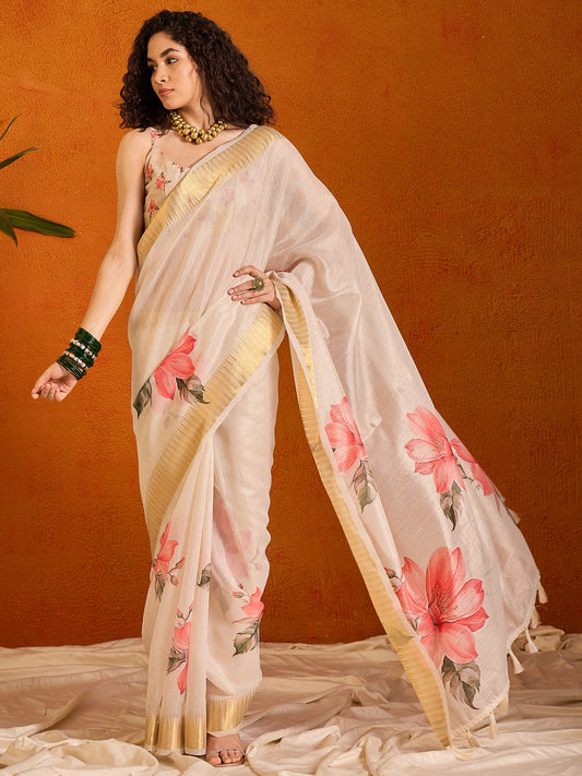 Women's Organza Cream Printed Designer Saree With Blouse Piece