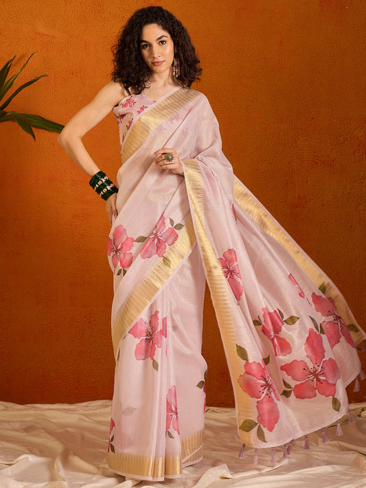 Women's Organza Mauve Printed Designer Saree With Blouse Piece