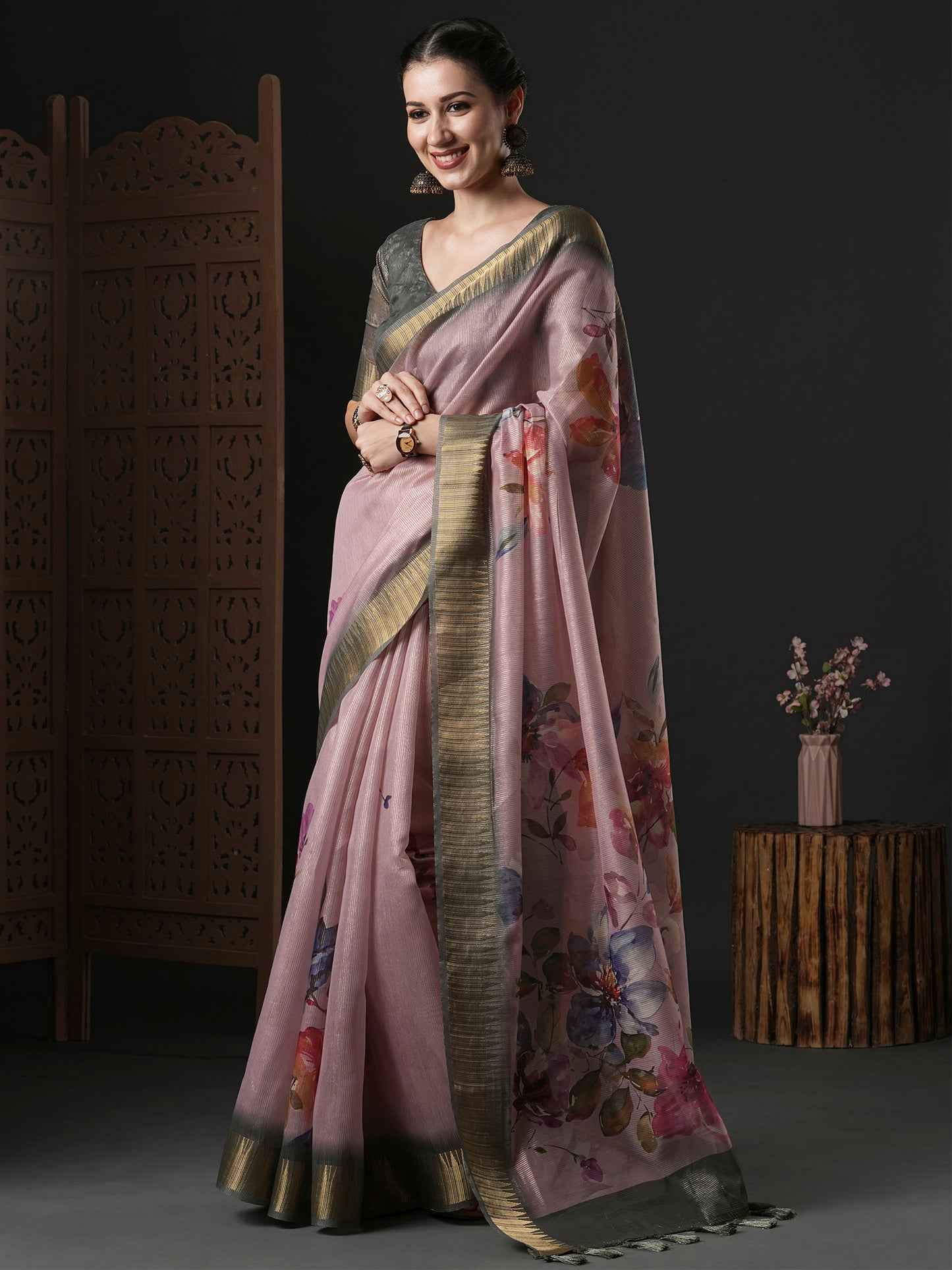 Women's Organza Mauve Printed Designer Saree With Blouse Piece