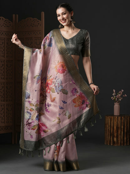 Women's Organza Mauve Printed Designer Saree With Blouse Piece